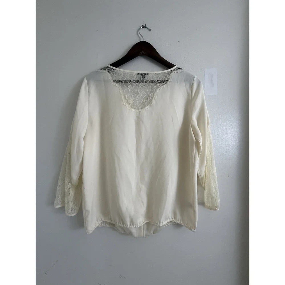 Ann Taylor Blouse Womens S Ivory Lace Sleeve V Neck Sheer Back Dressy Top